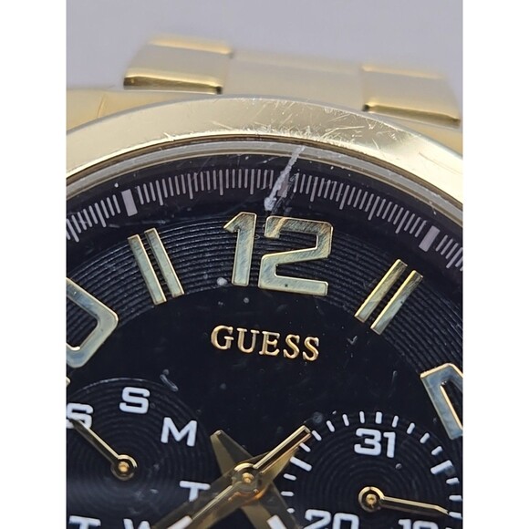 Mens Guess Steel Gold Tone 44mm Day Date Watch 100M Quartz New Battery Classic - Picture 5 of 13